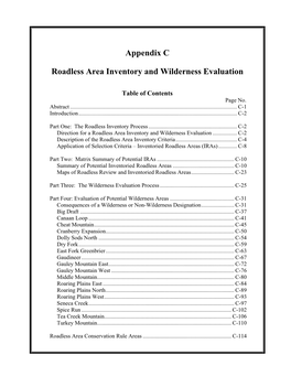 Appendix C Roadless Area Inventory and Wilderness Evaluation