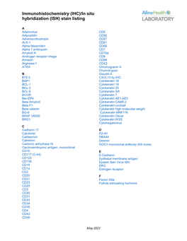 Immunohistochemistry/ISH Stain Listing