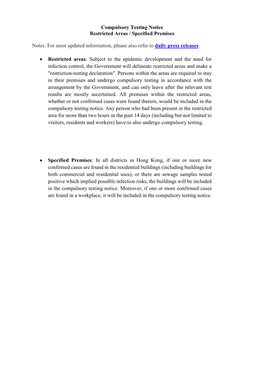 Compulsory Testing Notice Restricted Areas / Specified Premises Notes