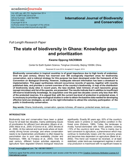 The State of Biodiversity in Ghana: Knowledge Gaps and Prioritization