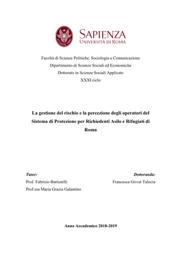 La Gestione Del Rischio E La Percezione Degli Operatori Del Sistema Di Protezione Per Richiedenti Asilo E Rifugiati Di Roma