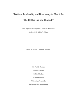 “Political Leadership and Democracy in Manitoba: the Roblin Era And
