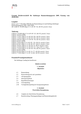 Gesamte Rechtsvorschrift Für Salzburger Raumordnungsgesetz 2009, Fassung Vom 28.08.2020 Langtitel Änderung Präambel/Promulgat