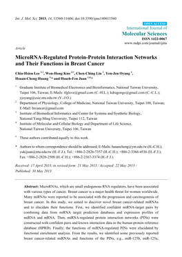Microrna-Regulated Protein-Protein Interaction Networks and Their Functions in Breast Cancer