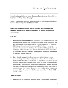 Completed Acquisition by Long Clawson Dairy Limited of the Millway Business of Dairy Crest Group Plc