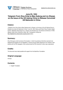 June 03, 1954 Telegram from Zhou Enlai to Mao Zedong and Liu Shaoqi, on the Issue of the US Asking China to Release Convicted US Nationals in China