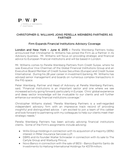 Christopher G. Williams Joins Perella Weinberg Partners As Partner