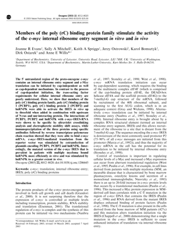 (Rc) Binding Protein Family Stimulate the Activity of the C-Myc Internal Ribosome Entry Segment in Vitro and in Vivo