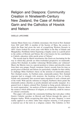 Religion and Diaspora: Community Creation in Nineteenth-Century New Zealand, the Case of Antoine Garin and the Catholics of Howick and Nelson