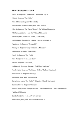 PLACE NAMES in ENGLISH Africa (In the Poems 'The Cuillin', 'An