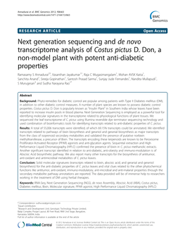 Next Generation Sequencing and De Novo Transcriptome Analysis of Costus Pictus D