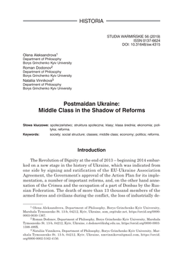 Postmaidan Ukraine: Middle Class in the Shadow of Reforms