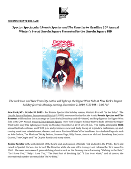 Ronnie Spector and the Ronettes to Headline 20Th Annual Winter’S Eve at Lincoln Square Presented by the Lincoln Square BID