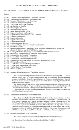 106 Cmr Department of Transitional Assistance