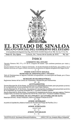 EL ESTADO DE SINALOA ORGANO OFICIAL DEL GOBIERNO DEL ESTADO (Correspondencia De Segundaclase Reg