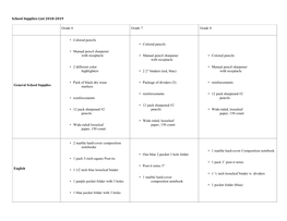 School Supplies List 2018-2019 Grade 6 Grade 7 Grade 8 General School Supplies • Colored Pencils • Manual Pencil Sharpener