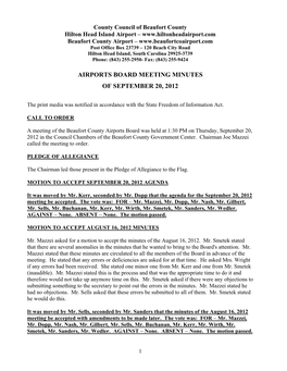 Airports Board Meeting Minutes of September 20, 2012