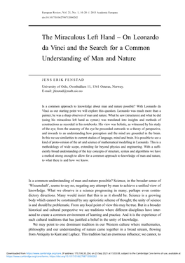 On Leonardo Da Vinci and the Search for a Common Understanding of Man and Nature