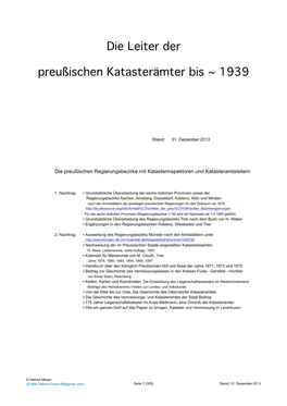 Die Leiter Der Preußischen Katasterämter Bis ~ 1939