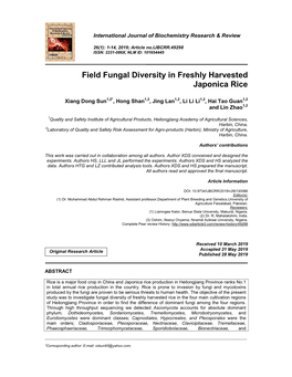 Field Fungal Diversity in Freshly Harvested Japonica Rice