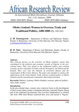 Obolo (Andoni) Women in Overseas Trade and Traditional Politics, 1400-1800 (Pp