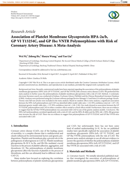 Research Article Association of Platelet Membrane Glycoprotein HPA-2A/B, GP VI T13254C, and GP Ib VNTR Polymorphisms With