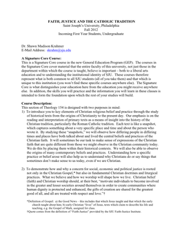 FAITH, JUSTICE and the CATHOLIC TRADITION Saint Joseph’S University, Philadelphia Fall 2012 Incoming First Year Students, Undergraduate