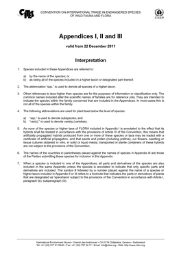 CITES Appendices I, II and III Valid from 22 December 2011