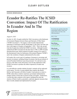 Ecuador Re-Ratifies the ICSID Convention