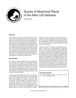 Survey of Medicinal Plants in the Main US Herbaria Trish Flaster