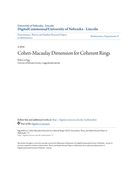 Cohen-Macaulay Dimension for Coherent Rings Rebecca Egg Universty of Nebraska-Lincoln, S-Regg1@Math.Unl.Edu