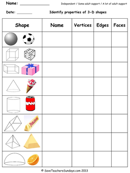 Name: Date: Identify Properties of 3-D Shapes