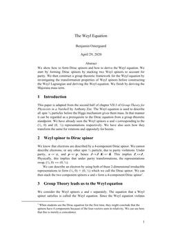 The Weyl Equation 1 Introduction 2 Weyl Spinor to Dirac Spinor 3 Group