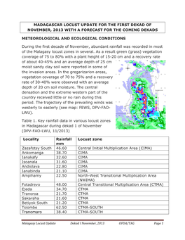 Madagascar Locust Update for the First Dekad of November, 2013 with a Forecast for the Coming Dekads