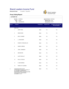 Brand Leaders Income Fund Meeting Date Range: 01-Jul-2016 - 30-Jun-2017