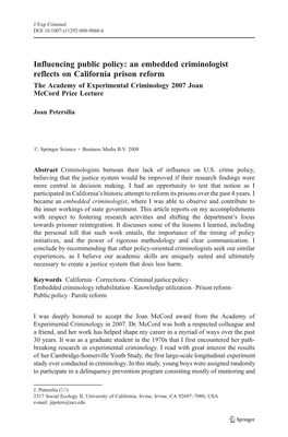 An Embedded Criminologist Reflects on California Prison Reform the Academy of Experimental Criminology 2007 Joan Mccord Prize Lecture