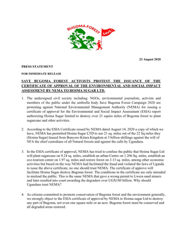 Press Statement: Save Bugoma Forest Activists Protest the Issuance of The