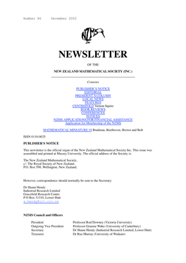 New Zealand Mathematical Society Newsletter Number 86, December