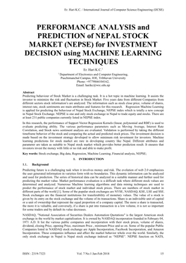 NEPSE) for INVESTMENT DECISION Using MACHINE LEARNING TECHNIQUES Er