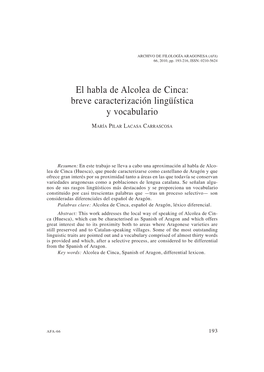 6. El Habla De Alcolea De Cinca: Breve Caracterización Lingüística Y