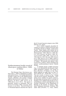 Northwesternmost Locality Record of Montivipera Xanthina