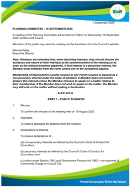 Planning Committee 16 September 2020 Agenda