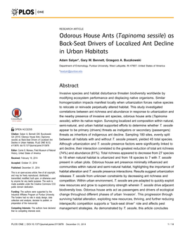 Tapinoma Sessile)As Back-Seat Drivers of Localized Ant Decline in Urban Habitats