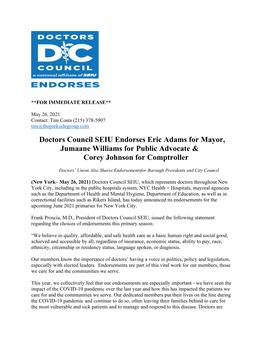 Doctors Council SEIU Endorses Eric Adams for Mayor, Jumaane Williams for Public Advocate & Corey Johnson for Comptroller