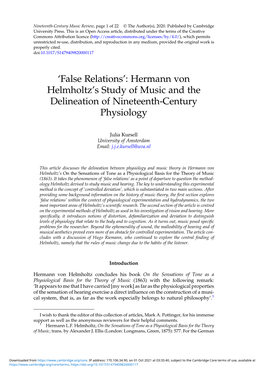 'False Relations': Hermann Von Helmholtz's Study of Music and the Delineation of Nineteenth-Century Physiology