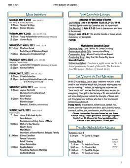 Next Sunday's Liturgy-May 9 Presider Schedule for Masses St. Vincent De