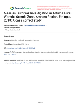 Measles Outbreak Investigation in Artuma Fursi Woreda, Oromia Zone, Amhara Region, Ethiopia, 2018: a Case Control Study