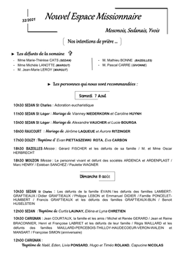 Nouvel Espace Missionnaire Mosonois, Sedanais, Yvois Nos Intentions De Prière …