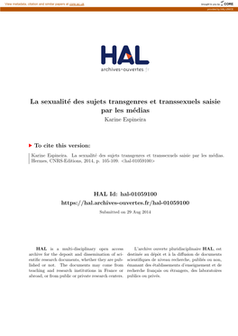 La Sexualité Des Sujets Transgenres Et Transsexuels Saisie Par Les Médias », Karine Espineira, Revue Hermès, « Sexualités », Paris : Éditions CNRS, 2014, P