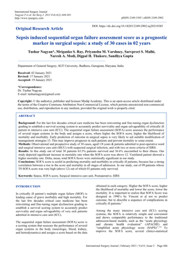 Sepsis Induced Sequential Organ Failure Assessment Score As a Prognostic Marker in Surgical Sepsis: a Study of 30 Cases in 02 Years